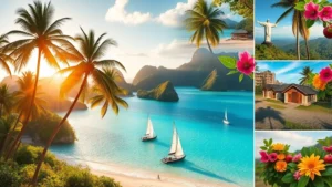 Montagem com os melhores destinos de lua de mel no Brasil, incluindo praias, montanhas e cidades culturais.