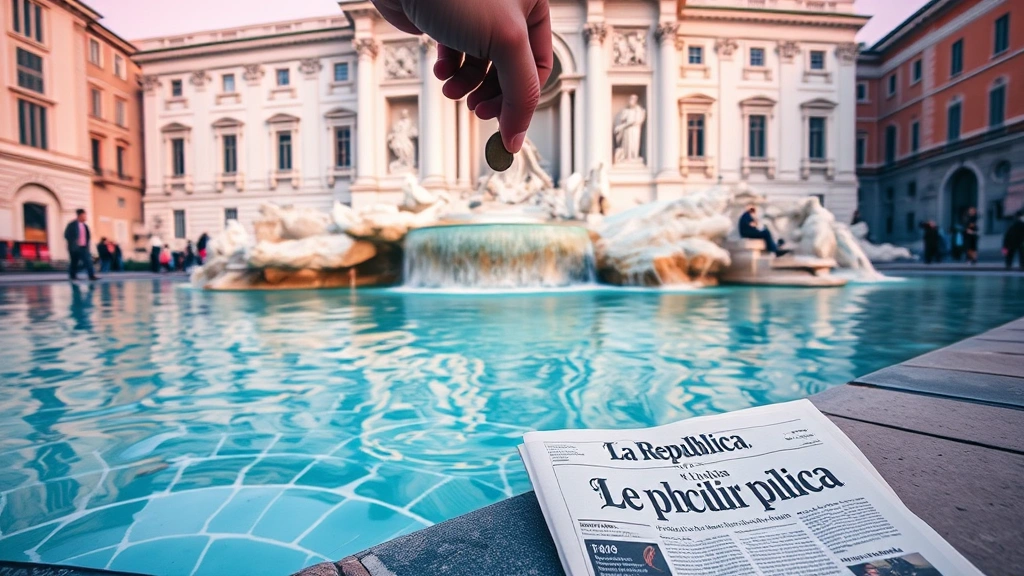 Fotografia em grande angular da Fontana di Trevi às 6h30, sua agua cristalina
