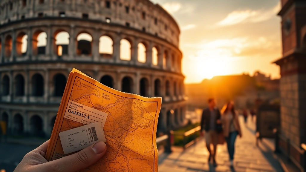 o Coliseu ao pôr do sol, com tons dourados e sombras dramáticas. Em primeiro plano, uma mão segurando um mapa antigo de Roma desgastado, com um ingresso do Coliseu visível.